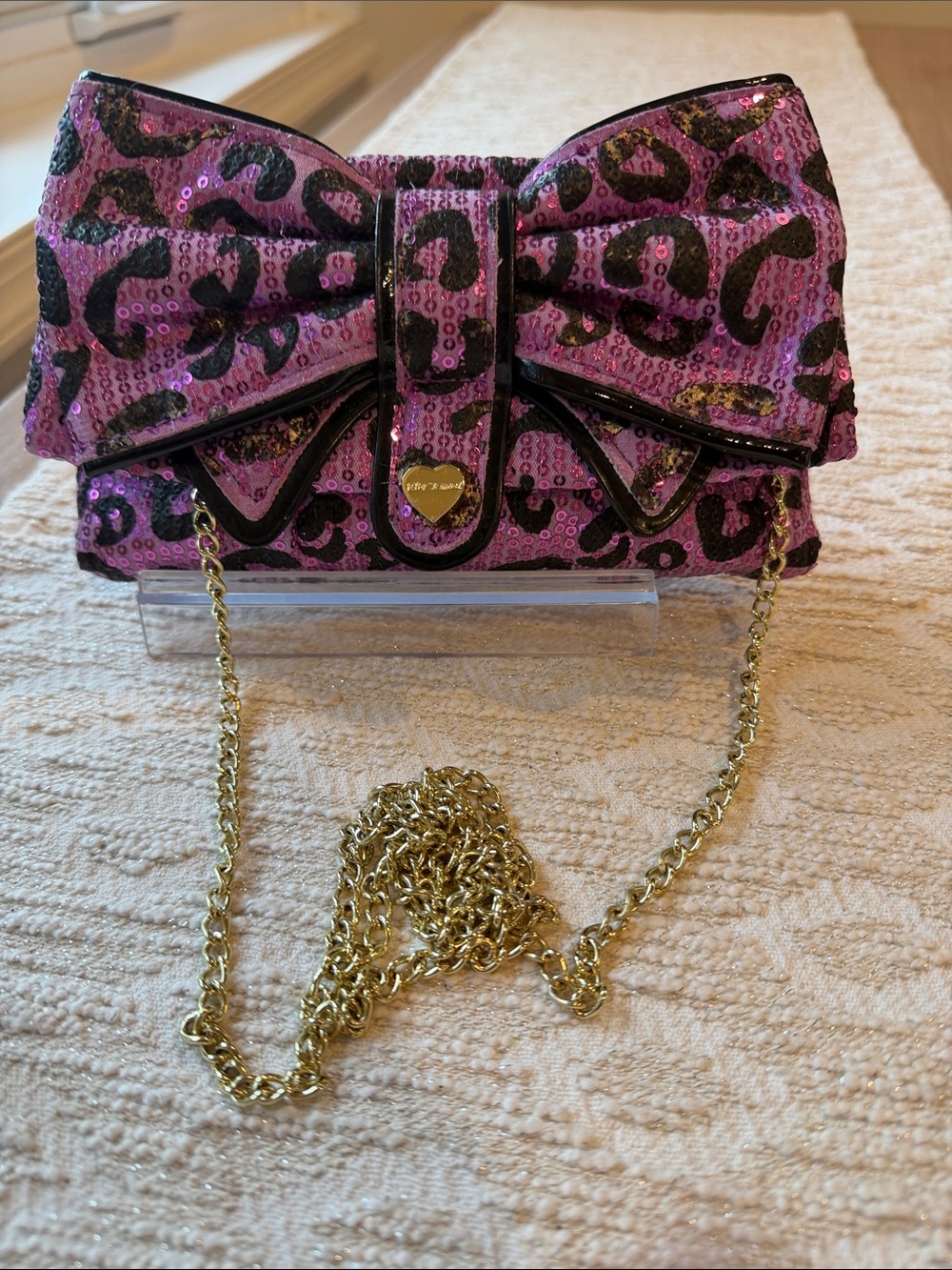 Betsey Johnson Sequin Leopard Print Chain Crossbody Bag with Front Bow Detail
